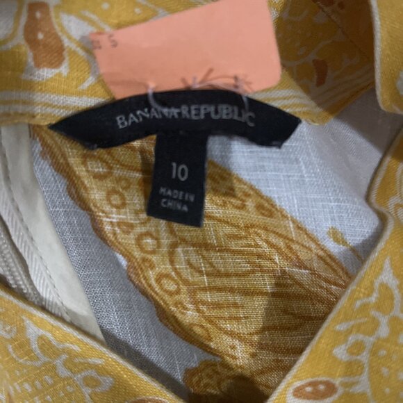 Banana Republic Linen Blend Mini Dress Yellow Beige Tropical Print Size 10 Pocke - Picture 6 of 7